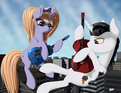 Size: 3300x2550 | Tagged: safe, alternate version, artist:styroponyworks, oc, oc only, oc:hot rod, pony, unicorn, acoustic guitar, bass guitar, city, duo, giant pony, high res, macro, musical instrument