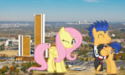 Size: 880x529 | Tagged: safe, artist:jerryakira79, flash sentry, fluttershy, pony, g4, clothes, equestria girls outfit, giant ponies in real life, giant pony, irl, macro, photo, ponies in real life