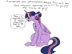 Size: 1024x768 | Tagged: safe, artist:ficklepickle9421, twilight sparkle, alicorn, pony, series:sunlightsentry weekly, g4, angry, answer, implied lesbian, implied sci-twi, implied shipping, implied sunset shimmer, implied sunsetsparkle, noodle incident, rainbow power, twilight sparkle (alicorn)