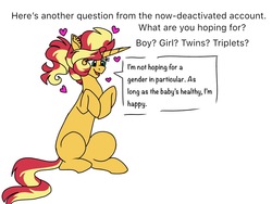 Size: 1200x900 | Tagged: safe, artist:ficklepickle9421, sunset shimmer, pony, unicorn, series:sunlightsentry weekly, g4, alternate hairstyle, answer, happy, heart, implied shipping, pregnant