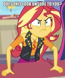 Size: 600x712 | Tagged: safe, edit, edited screencap, screencap, sci-twi, sunset shimmer, twilight sparkle, equestria girls, equestria girls specials, g4, my little pony equestria girls: better together, my little pony equestria girls: rollercoaster of friendship, angry, cropped, does this look unsure to you?, image macro, just one bite, male, meme, memeful.com, solo focus, spongebob squarepants, squidward tentacles