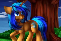 Size: 1200x800 | Tagged: source needed, safe, artist:gicme, oc, oc only, oc:blue wave, pony, unicorn, female, mare, outdoors, solo, tree