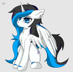Size: 2202x2160 | Tagged: safe, artist:drarkusss0, oc, oc only, oc:magic dash, alicorn, pony, alicorn oc, art trade, ear piercing, female, high res, piercing, simple background, sitting, smiling, solo, white background