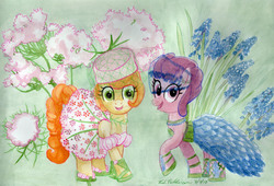 Size: 5092x3464 | Tagged: safe, artist:kelseyleah, berry punch, berryshine, carrot top, golden harvest, earth pony, pony, g4, clothes, dress, flower, grape hyacinth, queen anne's grape, traditional art