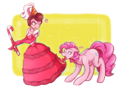 Size: 5784x4183 | Tagged: safe, artist:ggchristian, pinkie pie, earth pony, pony, g4, ..., absurd resolution, baroness von bon bon, candy, candy cane, clothes, crossover, cuphead, dress, food, hasbro, hasbro studios, horses doing horse things, licking, studio mdhr, tongue out