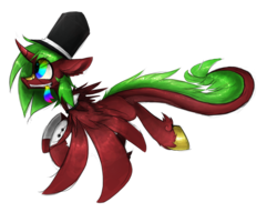 Size: 1390x1060 | Tagged: safe, artist:the--cloudsmasher, oc, oc only, alicorn, pony, alicorn oc, flying, forked tongue, hat, rainbow eyes, rainbow tongue, simple background, solo, tongue out, top hat, transparent background