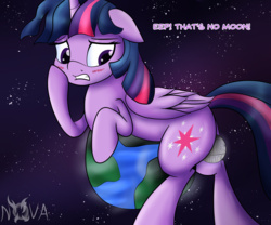 Size: 1800x1500 | Tagged: safe, alternate version, artist:novaspark, twilight sparkle, alicorn, pony, g4, blushing, butt, cute, death star, dialogue, giant pony, looking back, macro, plot, pony bigger than a planet, sitting, space, star wars, stars, that's no moon, twilight sparkle (alicorn)