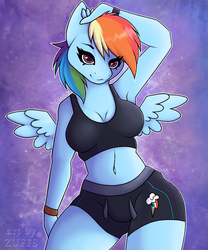 Size: 800x960 | Tagged: safe, artist:zuffs, rainbow dash, pegasus, anthro, g4, adorasexy, armpits, belly button, breasts, busty rainbow dash, clothes, cute, female, midriff, sexy, small wings, solo, sports bra, sports shorts, thunder thighs, wide hips, wings