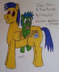 Size: 1075x1300 | Tagged: safe, artist:rapidsnap, oc, oc only, oc:clear view, oc:rapidsnap, pegasus, pony, :p, colt, father and son, male, silly, tongue out, traditional art