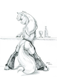 Size: 1000x1350 | Tagged: safe, artist:baron engel, oc, oc only, oc:carousel, pony, alcohol, assless chaps, bar, butt, chaps, dreamscape, grayscale, hooves on the table, looking at you, looking back, looking back at you, monochrome, pencil drawing, plot, simple background, traditional art, white background, wine