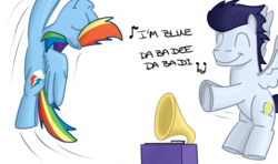 Size: 1280x759 | Tagged: safe, artist:hoofclid, rainbow dash, soarin', pony, g4, dancing, eiffel 65, flying, i'm blue, phonograph, simple background, white background
