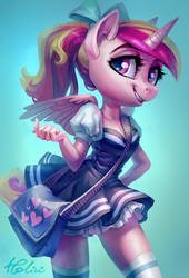 Size: 1771x2598 | Tagged: safe, artist:holivi, princess cadance, alicorn, anthro, g4, bag, beautiful, beautiful eyes, beautiful hair, beckoning, bow, breasts, busty princess cadance, cleavage, clothes, cute, cutedance, female, hair bow, looking at you, mare, ponytail, puffy sleeves, simple background, skirt, smiling, socks, solo, teen princess cadance, thigh highs, younger, zettai ryouiki