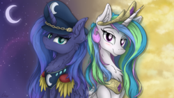 Size: 7680x4320 | Tagged: safe, artist:check3256, princess celestia, princess luna, alicorn, pony, g4, absurd resolution, blushing, chest fluff, cloud, crescent moon, day, female, hat, looking at you, mare, moon, night, smiling, stars, transparent moon