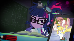 Size: 1280x720 | Tagged: safe, edit, edited screencap, screencap, sci-twi, twilight sparkle, vignette valencia, equestria girls, equestria girls specials, g4, mad twience, my little pony equestria girls: better together, my little pony equestria girls: rollercoaster of friendship, my little pony equestria girls: summertime shorts, chalkboard, clothes, goggles, holly, photo, shipping, twilencia