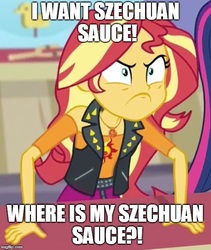 Size: 500x593 | Tagged: safe, edit, edited screencap, screencap, sunset shimmer, equestria girls, equestria girls specials, g4, my little pony equestria girls: better together, my little pony equestria girls: rollercoaster of friendship, cropped, do i look angry, pickle reeee, rick and morty, rick sanchez, szechuan sauce