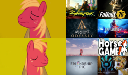 Size: 1290x756 | Tagged: safe, big macintosh, earth pony, pony, unicorn, ambient.prologue, horse game, g4, ambient.white, assassin's creed, assassin's creed odyssey, battlefield 5, cyberpunk 2077, drake, exploitable meme, fallout, fallout 76, friendship is epic, hotline bling, meme, nia: path of light, simple background, yellow background