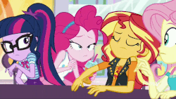 Size: 600x338 | Tagged: safe, screencap, fluttershy, pinkie pie, sci-twi, sunset shimmer, twilight sparkle, equestria girls, equestria girls series, g4, rollercoaster of friendship, animated, female, geode of empathy, geode of sugar bombs, geode of telekinesis, gif, me my selfie and i, nervous, smug