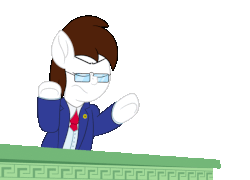 Size: 630x454 | Tagged: safe, artist:aarondrawsarts, oc, oc:brain teaser, pony, ace attorney, animated, clothes, gif, glasses, lawyer, objection, pointing, shout, simple background, slamming desk, suit, suit and tie, transparent background