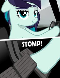 Size: 788x1013 | Tagged: safe, artist:henryqwee, coloratura, pony, g4, bedroom eyes, blue eyes, car, driving, full throttle, hooves, looking at you, panel, pedal, rara, stomping