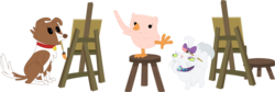 Size: 3581x1209 | Tagged: safe, artist:porygon2z, opalescence, owlowiscious, winona, bird, cat, dog, owl, g4, easel, featherless, female, male, mouth hold, paint, paintbrush, painting, pose, simple background, stool, transparent background