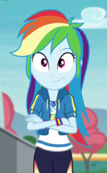 Size: 399x645 | Tagged: safe, screencap, rainbow dash, equestria girls, equestria girls specials, g4, my little pony equestria girls: better together, my little pony equestria girls: rollercoaster of friendship, cropped, crossed arms, cute, dashabetes, female, geode of super speed, magical geodes, smiling, solo
