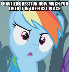 Size: 976x1020 | Tagged: safe, edit, edited screencap, screencap, rainbow dash, pegasus, pony, g4, swarm of the century, confused, cropped, female, image macro, mare, meme, open mouth, raised eyebrow, reaction image, solo, stare