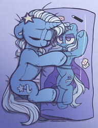 Size: 1228x1596 | Tagged: dead source, safe, artist:anotherdeadrat, trixie, pony, unicorn, g4, armpits, bed, body pillow, cape, card, chest fluff, clothes, cuddling, cute, diatrixes, eyes closed, eyeshadow, female, floppy ears, fluffy, hug, human shoulders, leg fluff, lidded eyes, magic wand, makeup, mare, narcissism, on side, pillow, pillow hug, self ponidox, selfcest, shipping, shoulder fluff, sleeping, smiling, solo, stars, trixie's cape, trixtrix, underhoof, unshorn fetlocks