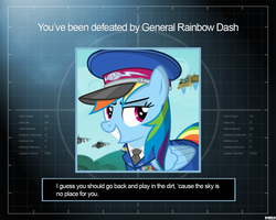 Size: 1280x1024 | Tagged: safe, artist:a4r91n, rainbow dash, pegasus, pony, g4, cap, clothes, command and conquer, command and conquer: generals, crossover, hat, jet, military uniform, smug, uniform, you lose