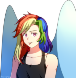 Size: 1024x1049 | Tagged: safe, artist:voilet14, rainbow dash, human, g4, :p, bust, clothes, cute, dashabetes, female, humanized, large wings, looking at you, solo, tank top, tongue out, winged humanization, wings