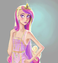 Size: 739x807 | Tagged: safe, alternate version, artist:purpuraimperial, princess cadance, human, g4, clothes, crown, dress, female, hand on hip, humanized, jewelry, looking at you, regalia, simple background, solo, watermark
