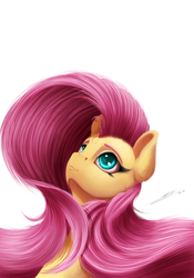 Size: 1745x2500 | Tagged: safe, artist:skitsroom, fluttershy, pegasus, pony, g4, bust, detailed hair, detailed mane, female, huge mane, looking up, mare, portrait, simple background, smiling, solo, white background