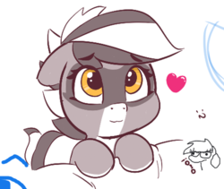Size: 536x453 | Tagged: safe, artist:pabbley, oc, oc only, oc:bandy cyoot, original species, raccoon pony, female, heart, owo, simple background, solo, white background