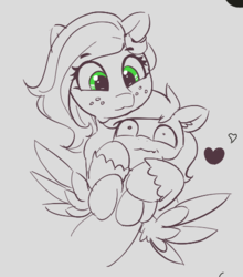 Size: 506x575 | Tagged: safe, artist:pabbley, big macintosh, fluttershy, earth pony, pony, g4, butterscotch, female, gray background, heart, holding, macareina, male, monochrome, partial color, rule 63, ship:butterreina, ship:fluttermac, shipping, simple background, spread wings, straight, wingboner, wings
