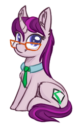 Size: 667x1074 | Tagged: safe, artist:shydale, oc, oc only, oc:checkbox, pony, unicorn, :t, chest fluff, curved horn, cute, ear fluff, female, glasses, horn, leg fluff, looking at you, mare, necktie, ocbetes, simple background, sitting, smiling, solo, white background