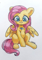 Size: 607x867 | Tagged: safe, artist:avonir, fluttershy, butterfly, pegasus, pony, g4, female, front view, full face view, holding, looking at something, looking down, mare, raised hoof, sitting, smiling, solo, spread wings, traditional art, wings