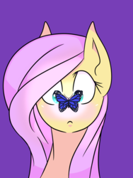 Size: 600x800 | Tagged: safe, artist:vickpaints, fluttershy, butterfly, pegasus, pony, g4, bust, butterfly on nose, cross-eyed, female, front view, full face view, insect on nose, looking at something, mare, portrait, simple background, solo