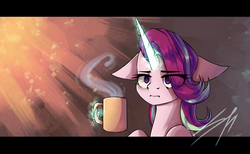 Size: 1300x800 | Tagged: safe, artist:sileentdo, starlight glimmer, pony, g4, marks for effort, female, floppy ears, glowing horn, horn, i mean i see, levitation, magic, magic aura, solo, telekinesis