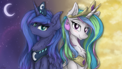 Size: 7680x4320 | Tagged: safe, artist:check3256, princess celestia, princess luna, alicorn, pony, g4, absurd resolution, blushing, chest fluff, cloud, crescent moon, crown, day, duo, female, fluffy, jewelry, looking at you, mare, moon, necklace, night, regalia, royal sisters, smiling, stars, transparent moon