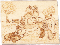 Size: 855x638 | Tagged: safe, artist:malte279, bon bon, lyra heartstrings, sweetie drops, earth pony, pony, unicorn, g4, female, hug, lesbian, pyrography, ship:lyrabon, shipping, traditional art