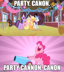 Size: 500x562 | Tagged: safe, applejack, fluttershy, pinkie pie, rarity, twilight sparkle, earth pony, pegasus, pony, unicorn, g4, hat, image macro, impact font, meme, party cannon, party hat, unicorn twilight