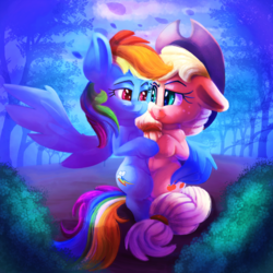 Size: 2000x2000 | Tagged: safe, artist:discorded, applejack, rainbow dash, earth pony, pegasus, pony, g4, bipedal, butt touch, cowboy hat, feathermarking, female, floppy ears, freckles, hat, high res, lesbian, looking at each other, mare, never doubt tchernobog's involvement, requested art, ship:appledash, shipping, smiling, stetson, tree