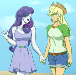 Size: 900x894 | Tagged: safe, artist:azura-arts, applejack, rarity, equestria girls, g4, clothes, dress, female, geode of super strength, holding hands, lesbian, ship:rarijack, shipping