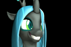 Size: 720x480 | Tagged: safe, artist:hellhounds04, queen chrysalis, oc, oc:shelby, changeling, changeling queen, pony, unicorn, g4, 3d, animated, black background, confused, duo, eeee, facehug, fangs, female, frown, grin, gritted teeth, mare, open mouth, simple background, skree, smiling, source filmmaker, this will end in tears and/or death, wat, wide eyes