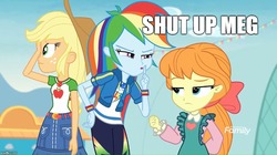 Size: 888x499 | Tagged: safe, edit, edited screencap, screencap, applejack, megan williams, megan williams (g4), rainbow dash, equestria girls, equestria girls specials, g1, g4, my little pony equestria girls: better together, my little pony equestria girls: rollercoaster of friendship, discovery family logo, family guy, g1 to equestria girls, generation leap, geode of super speed, geode of super strength, magical geodes, male, reference