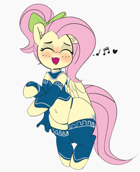 Size: 3737x4584 | Tagged: safe, artist:pabbley, fluttershy, pegasus, pony, 30 minute art challenge, adorasexy, alternate hairstyle, bard, belly button, belly dancer, blushing, bow, chubby, clothes, cute, dancer, dancing, eyes closed, fantasy class, female, floppy ears, flutterthighs, hair bow, heart, mare, music notes, open mouth, plump, ponytail, sexy, shyabetes, simple background, singing, smiling, socks, solo, thick, white background