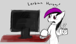 Size: 798x461 | Tagged: safe, artist:tetrapony, oc, oc only, oc:mbulsht, pony, bronyville, bronyville podcast, computer, desk, female, lesbian, mug, open mouth