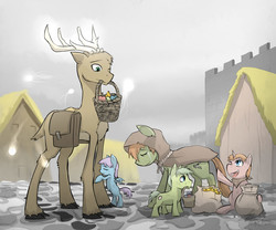 Size: 2100x1750 | Tagged: safe, artist:stupidyou3, oc, oc only, deer, pony, cloak, clothes, coin, crying, foal, mouth hold, saddle bag