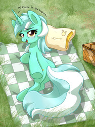 Size: 1050x1400 | Tagged: safe, artist:joakaha, lyra heartstrings, pony, unicorn, g4, basket, dialogue, female, looking at you, open mouth, picnic basket, picnic blanket, solo, underhoof