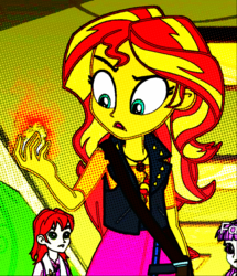 Size: 859x1000 | Tagged: safe, edit, edited screencap, screencap, nolan north, sunset shimmer, equestria girls, equestria girls series, forgotten friendship, g4, background human, cropped, deep fried meme, discovery family logo, fiery shimmer, fire, meme, sunset holding things