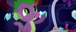 Size: 1920x804 | Tagged: safe, screencap, spike, dragon, g4, my little pony: the movie, basket, canterlot, cute, gem, green eyes, heart, looking up, male, open mouth, pointing, puffy cheeks, scales, smiling, solo, spikabetes